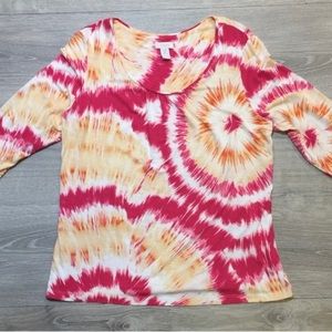 🦩Chico's Pink & Orange Scoop Neck, 3/4 Sleeve Tie Dyed Tee 2, L, Large, 12/14